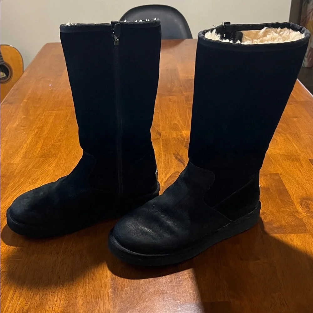 UGG Classic Tall Black Suede Boots with Metal Logo US Women's Size 7 - Picture 3 of 16